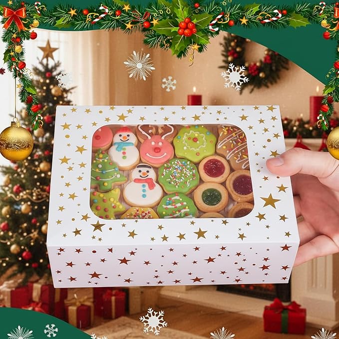 12pcs Cookie Boxes with Window, 8.25x6x2.75in White Treat Boxes with Window Gold Foil Star Bakery Cake Boxes for Christmas Gift Giving Pastry Dessert Cupcakes Candy Donut Packaging