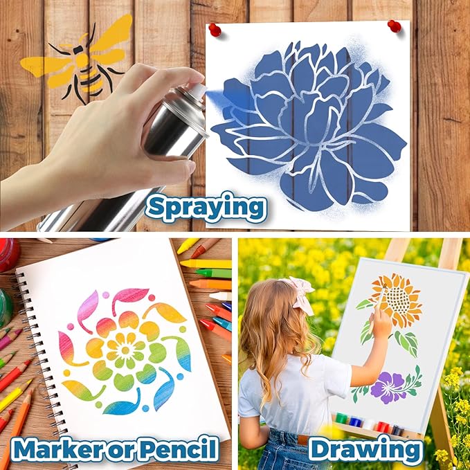 18 PCS Flower Painting Stencils Reusable Stencils for Painting on Wood Rocks Canvas Fabric Glass Pottery 6.5x6.5 Inch