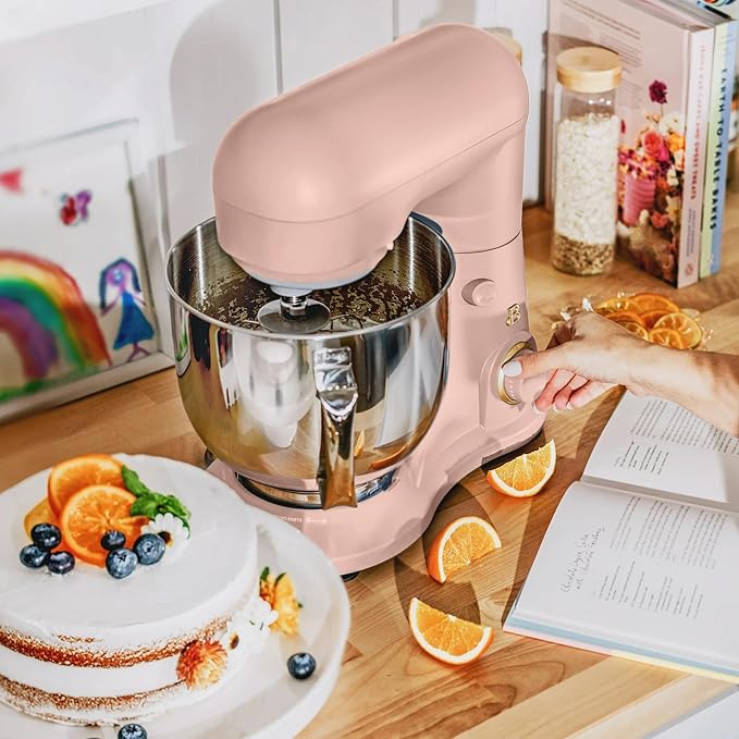 Beautiful 5.3 QT Stand Mixer w/Tilt-Head Design, Stainless Bowl, 300-Watt Power, 12-Speed Control, Includes Beater, Dough Hook, Whisk, Splash Shield (Rose)