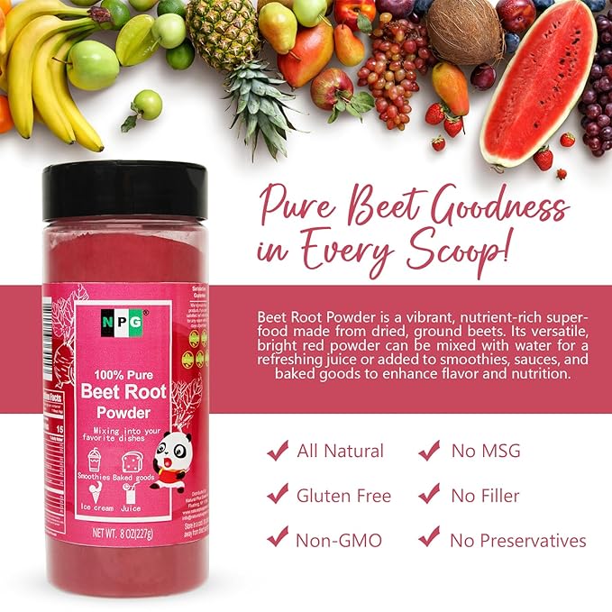NPG Beet Root Powder 8 Oz, 100% Pure Raw Red Beetroot Superfood for Baking, Juices Drink, Smoothies, Vegan, Non-GMO, No Added Sugar, No Preservatives (Packaging May Vary)