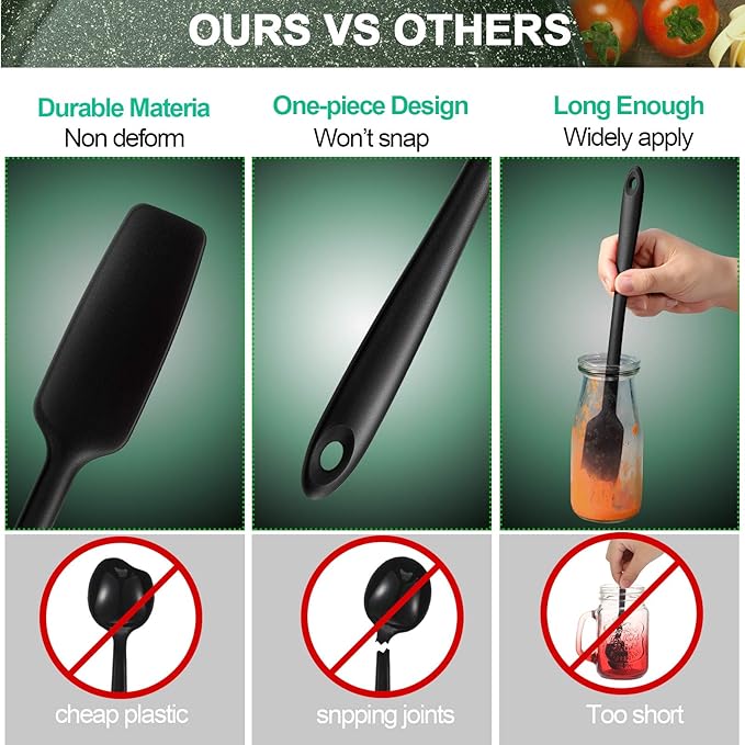 2 Pieces Long Handle Silicone Jar Spatula Non-Stick Rubber Scraper Heat Resistant Spatula Silicone Scraper for Jars, Smoothies, Blenders Cooking Baking Stirring Mixing Tools, Black