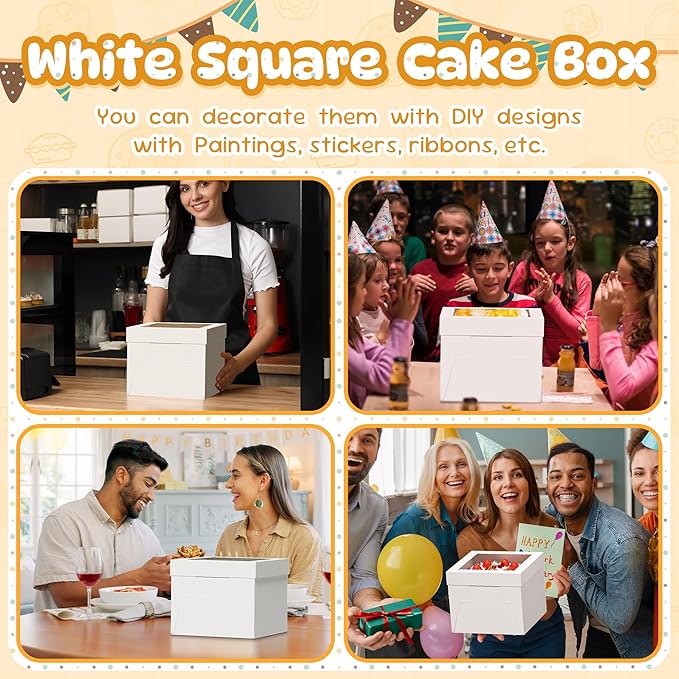 15 Pack Cake Boxes, 10x10x8 Inches Tall Cakes Box with Window, White Cake Boxes with Cakes Boards, Square Bakery Box, for Cake, Treat Cookie Dessert, Pastry, Birthday Party, Mother's Day, Weddings