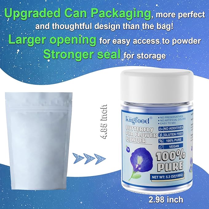 Butterfly Pea Flower Powder - Kiigfood 5.3 oz/150g Pure Natural Blue & Purple Food Coloring, Butterfly Pea Powder for Drinks, Smoothies, Cocktail, Christmas Baking, Pasta - Vegan, Gluten-Free, Non-GMO
