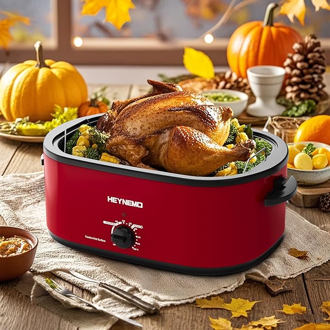 22 Quart Electric Roaster Oven with Visible & Self-Basting Lid, Large Turkey Roaster with Defrost Warm Function, Adjustable Temperature, Removable Pan Rack, Stainless Steel