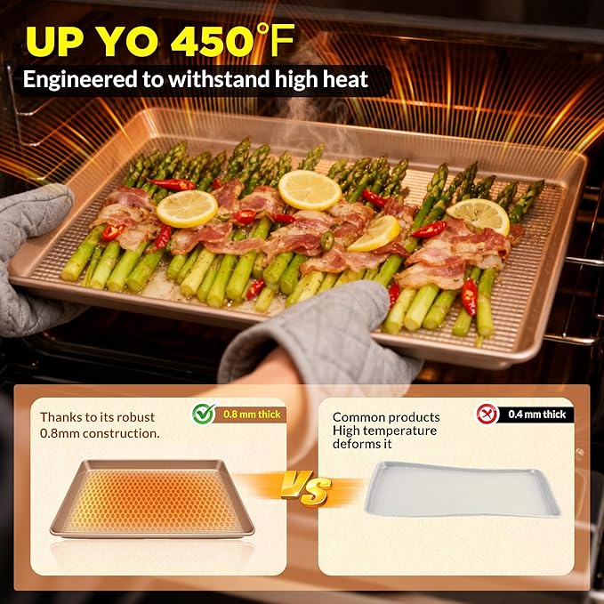 Saker nonstick baking sheet pan set,EvenHeat Baking Sheets Set of 2, Non-Stick Cookie Pan for Perfect Baking Results, Oven Safe Carbon Steel Bakeware (Champagne Gold)