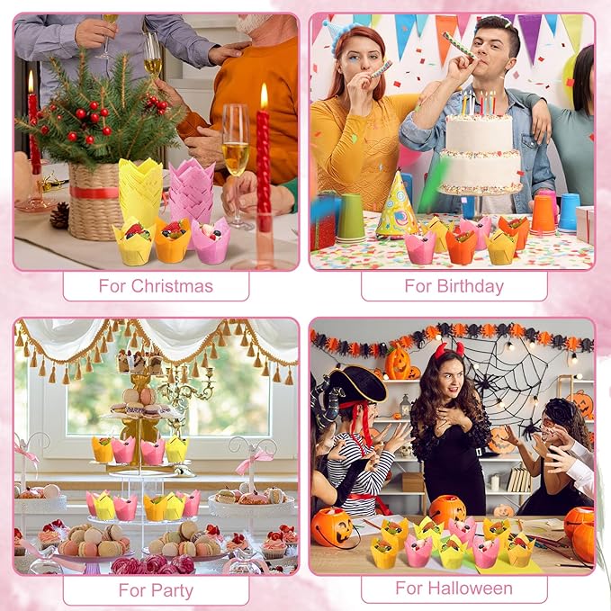 Yaomiao 600 Pcs Tulip Cupcake Liners Greaseproof Paper Tulip Muffin Liners Baking Cups Cupcake Wrappers Holders for Weddings Birthdays Anniversaries Banquets Party Christmas (Pink, Yellow, Orange)