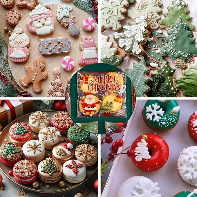 Christmas Cellophane Bags Biscuit Roasting Treat Bags Individual Wrappers Self Adhesive OPP Cookie Bakery Present Gift DIY Candy Decorating Favor Bags (4x4 Inch, 200Pcs)