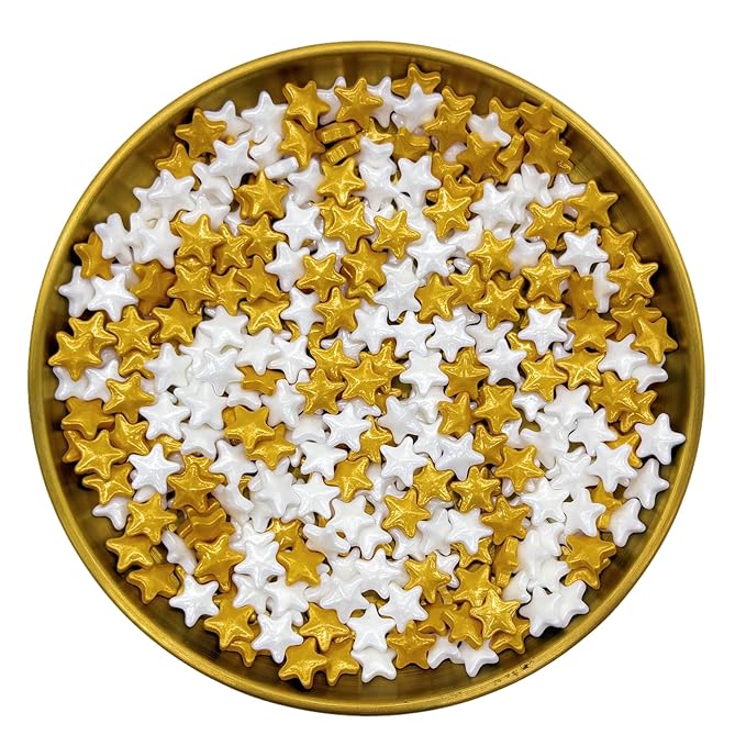 10mm Gold & White Sprinkles Edible Stars Cake Decorating Stars Cake Decorations Cupcake Toppers Cookie Decorating Perfect for Cakes,Cupcakes,Desserts Toppings 3OZ