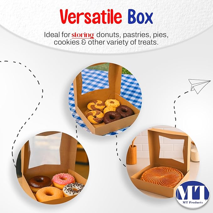 MT Products Kraft Cookie Boxes 8" x 8" x 2.5" - Auto Pop-Up Bakery Boxes with Window (Pack of 200) - Made in USA
