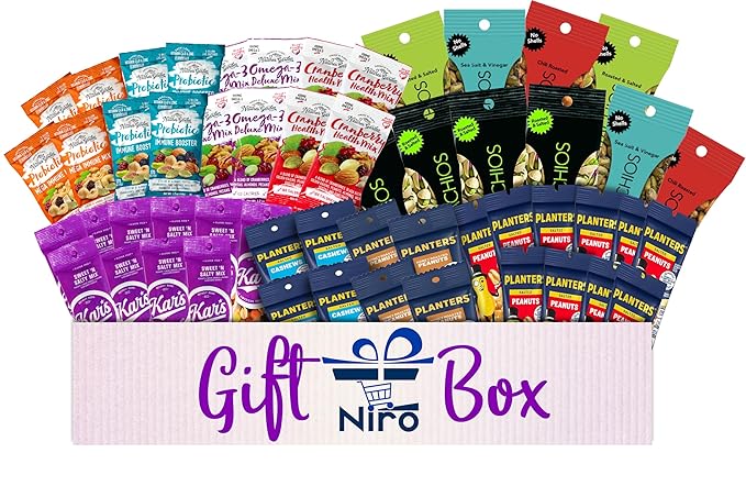 Niro Gift Basket | Nut and Trail Mix Assortment | 12 Different Flavors | 54 Packs of Nuts and Trail Mixes