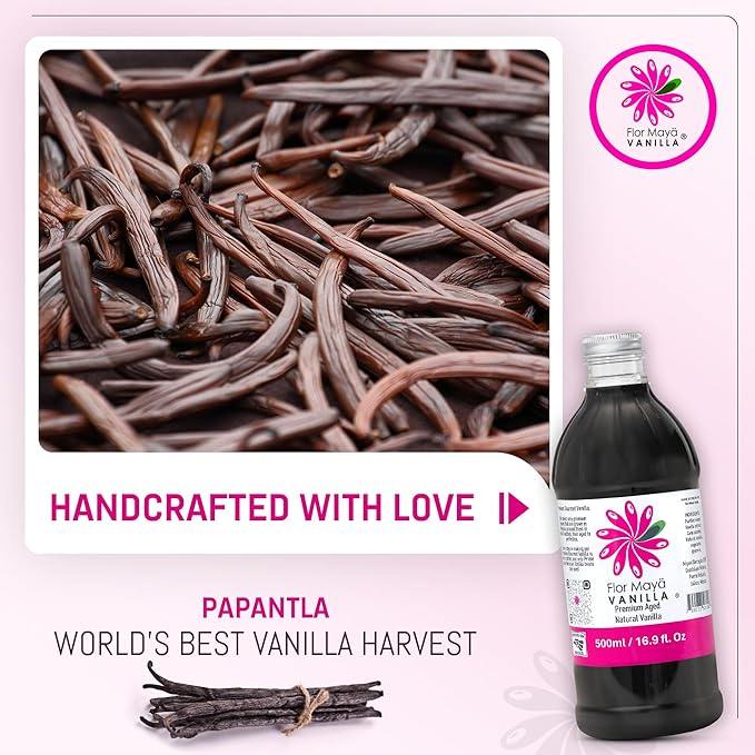 Flor Maya Premium Aged Pure Vanilla Extract – Handcrafted from Prime Mexican Vanilla Beans - Ideal for Gourmet Cooking & Baking Supplies – Gluten-Free, Non-GMO No Coumarin, – 16.9 Fl Oz (500 ml)