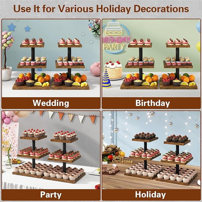 IBUYKE 3 Tier Cupcake Stand,Set of 2,Cupcake Tower,Square Serving Dessert Display Stand,Cupcake Tray Stand,Dessert Tree Tower for Christmas Birthday,Home Party, Wedding,Rustic Brown UTLJ014H-2