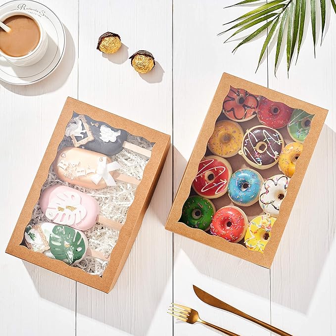 48PCS 10 x 7 x 2.5 inches Premium Bakery Boxes for Cookies Boxes, Strawberries Boxes with Clear Window, Brown Natural Kraft Paper Box