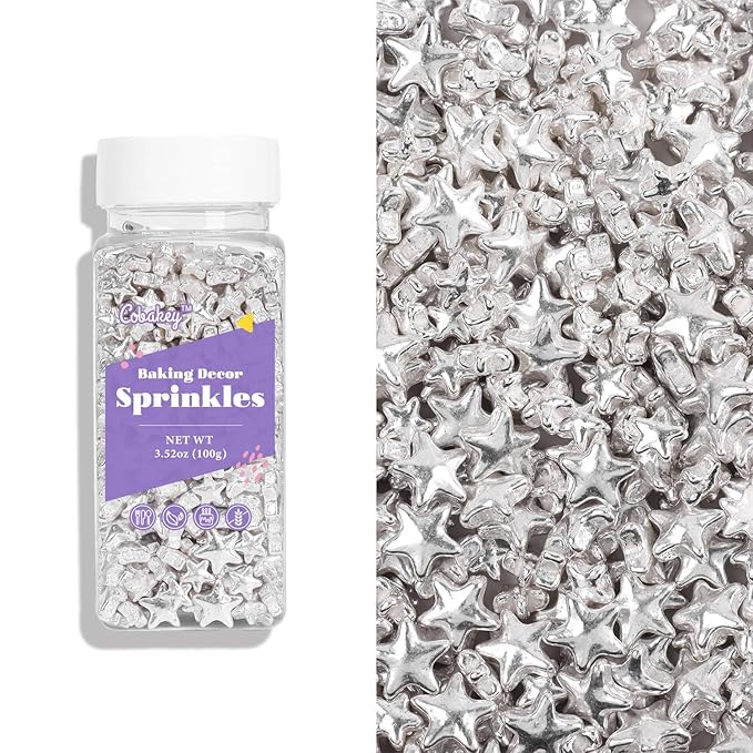 Cobakey Bright Silver Sprinkles for Cake Decorations 100g/ 3.52oz Star Metallic Pearl Sugar Sprinkles for Cupcake Toppers Wedding Party Valentines Halloween Christmas Supplies
