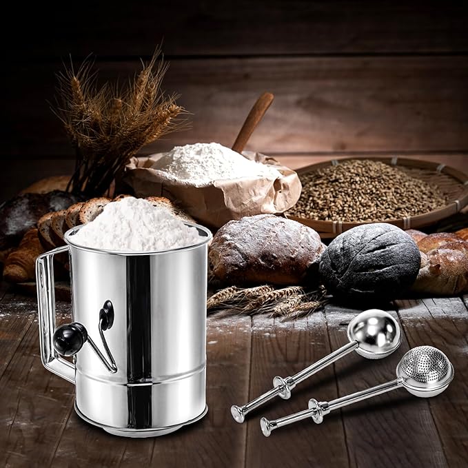 3 Pack Flour Sifter Set, 5 Cup Hand Crank Sifter with 2 Pieces Baker's Dusting Wands, Stainless Steel Fine Mesh Baking Sifter with Agitator Rotary, Powdered Sugar Duster for Baking Dessert