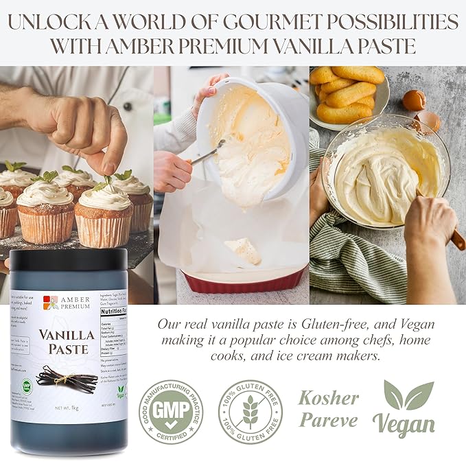 Amber Premium Pure Vanilla Bean Paste 1kg / 27 fl oz (US) - Made with Authentic Madagascar Vanilla Extract - Vegan, Kosher, Chef Recommended for Baking, Desserts, and Pastries