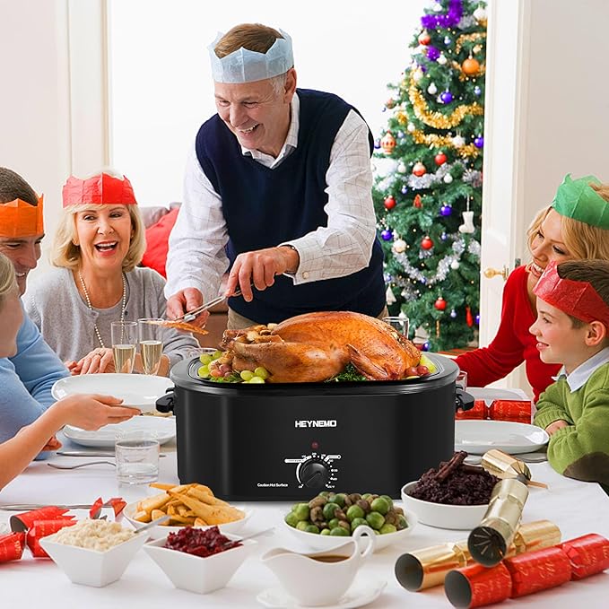 Roaster Oven 26Qt,1450W Electric Turkey Roaster Oven Buffet with Self-Basting Lid, Removable Pan and Rack, Cool-Touch Handles, Stainless Steel, Black