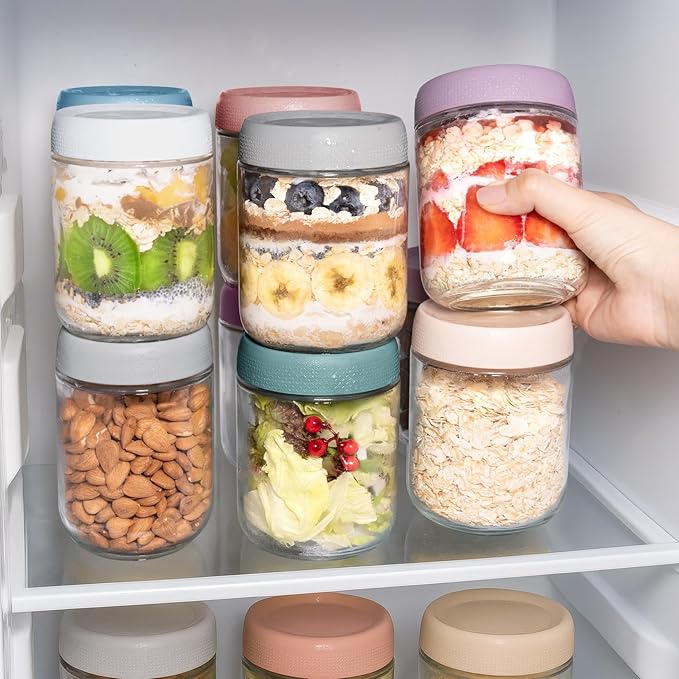 6 Pack Overnight Oats Containers with Lids, Wide Mouth Mason Jars 16oz, Glass Food Storage Containers with Airtight Lids, Overnight Oats Jars for Yogurt, Salad, Cereal, Snacks, Chia Pudding