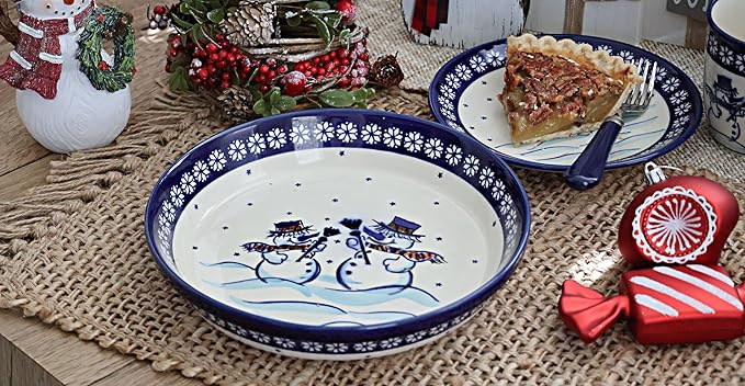 Blue Rose Polish Pottery - Blue Frosty Friend Pie Plate - 9.75" Diameter - Ceramic Baking Dish, For Pies, Quiches & Desserts