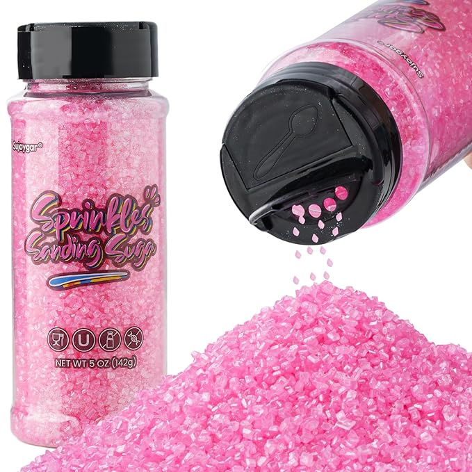 Sujoygar Pink Saning Sugar Sprinkles, 5oz Edible Pink Sugar Crystals for Cocktails, Cake Sprinkles for Chocolate Ice Cream Toppings Cupcake Decoration Wedding Party Cookies Baking Dessert Food Supplies