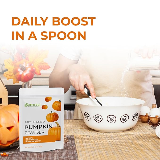 eHerbal Pure Freeze-Dried Pumpkin Powder, 2.43 oz – 100% Natural Pumpkin, No Additives or Preservatives, Non-GMO, Gluten-Free, for Baking, Cooking, Smoothies Versatile for Vegans and Vegetarians