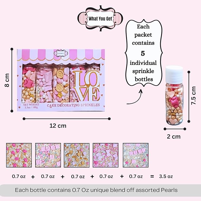 Confect Girls Baby Shower Sprinkles | Mix Blush Pink & Gold Button, Teddy & Heart Sprinkles | edible Sprinkles for Cake & Cupcake Sprinkle Pack of 5 | Vegan, Gluten-Free, Nut-Free, Soy-Free, Dairy-Free, Palm Oil-Free - 5 Oz