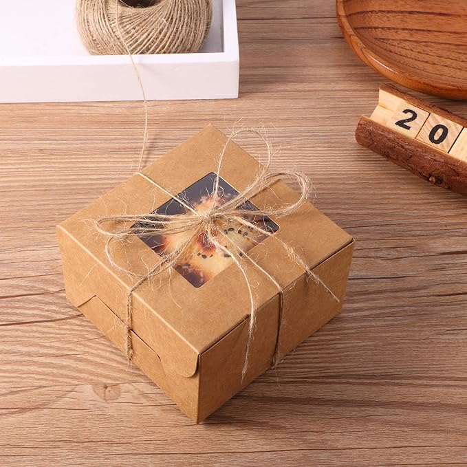 50 Pieces Bakery Box with Window Cookie Boxes Mini Kraft Boxes Gift for Pastries, Candy, Pie, Cupcakes, Soap Packaging for Homemade Soap (4 x 4 x 2.5 Inch, Brown)