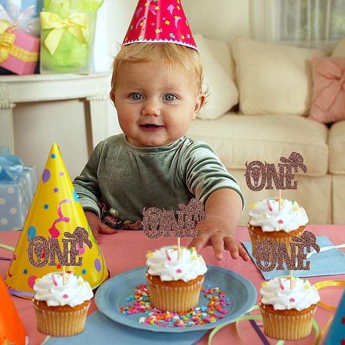 24Pcs Glitter ‘One’ Cowboy Cake Toppers Western Theme Cupcake Picks with Horseshoes Baby Shower Boys Birthday Party Cake Decorations Supplies