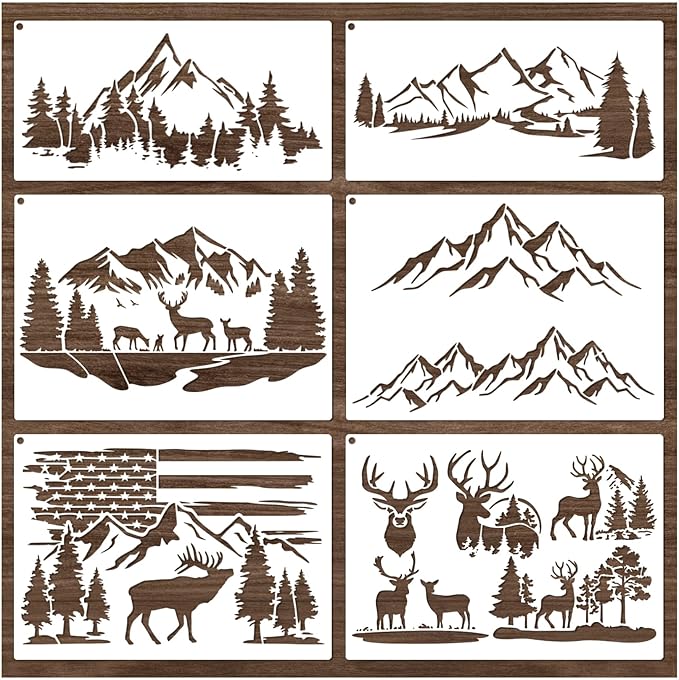 Mountain Stencils for Painting on Wood Burning Stencils and Patterns Reusable Nature Deer Tree Stencils for Crafts Canvas Furniture Wall Drawing Pattern Decorative (Mountain)