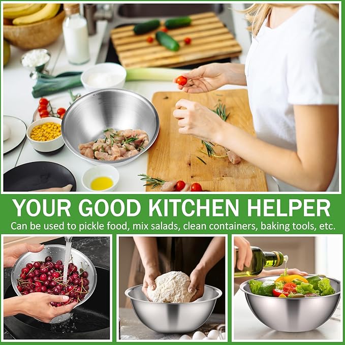 Honeydak 6 Pcs 304 Stainless Steel Mixing Bowls with Graduations, Salad Bowls Metal Serving Reusable Baking Food Storage Containers for Baking Cooking Salads Soups Ice Cream Noodles (54 oz)