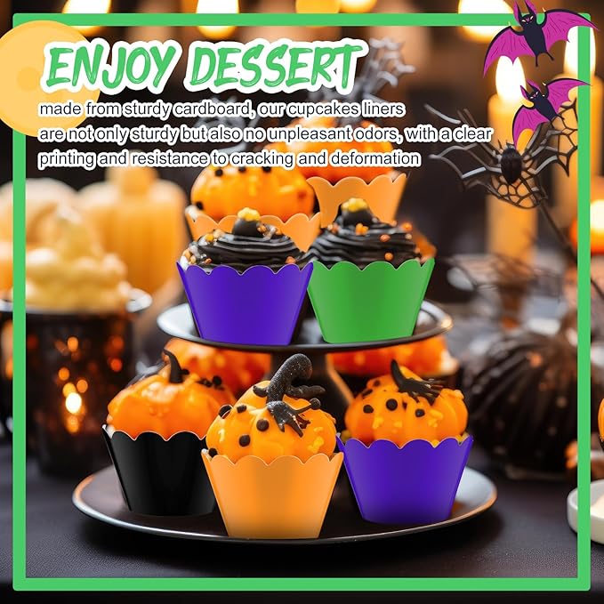 Domensi 100 Pcs Halloween Cupcake Wrappers Rustic Cupcake Liners Orange Black Purple Green Baking Cups Baking Liners for Wedding Bridal Baby Shower Birthday Halloween Party Supplies Dessert Decoration