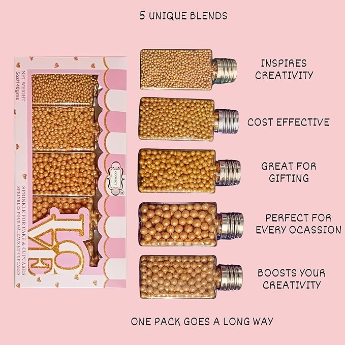 Confect Pearl Gold Sprinkles | Gold Sprinkles for Cakes & Cupcakes Decoration & Celebration | Assorted pack of 5 All That Glitters | Mix Golden Pearl Dragees | Vegan, Gluten-Free, Nut-Free, Soy-Free, Dairy-Free, Palm Oil-Free, No Artificial Dyes- 5 Oz