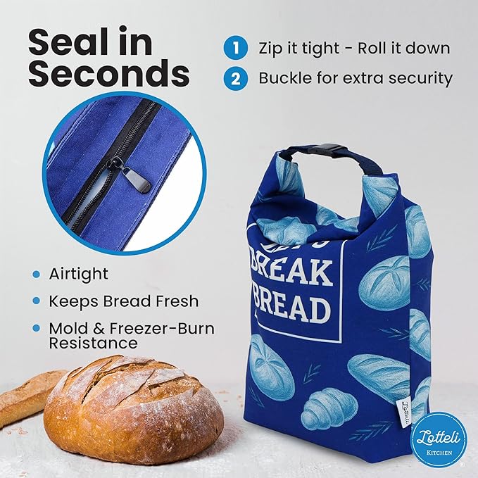 LOTTELI Reusable Bread Bags for Homemade Bread & Sourdough – 2 Pack Washable Cloth Storage Bags with Zipper, Buckle & Date Label Pocket – Eco-Friendly Gift for Bakers