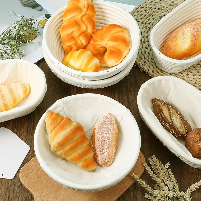 6 Pack Banneton Bread Proofing Basket 10 Inch Oval and 9 Inch Round Proofing Bowls for Sourdough Bread Baking with Liner and Dough Scraper