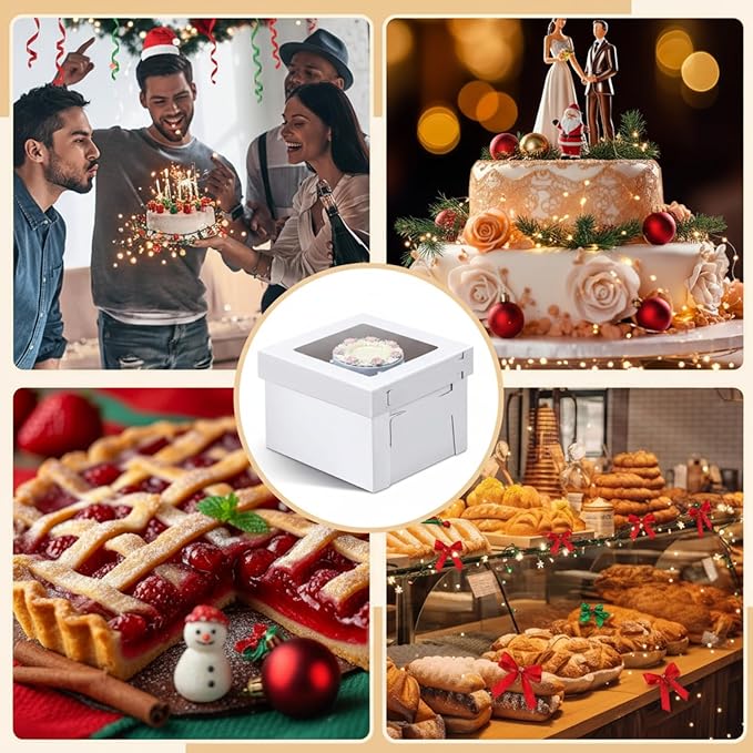 4 Sets Corrugated Cardboard Tall Cake Boxes for Tier Cake 14x14x12 Inch with Clear Window (4 Boxes + 4 Boards) Disposable Layer Bakery Container Carrier for Wedding Birthday Party Festival