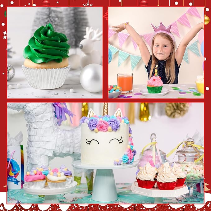 Mumufy 300 Count Christmas Foil Cupcake Liners 2 Inch Cupcake Wrappers Paper Bake Cup Set Foil Muffin Liners for Independence Day Christmas Party Supplies(Green, Red, Sliver)