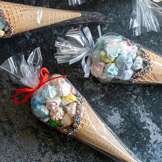 Morepack Cone Shaped Cellophane Treat Bags, 5x10 Inches Clear Triangle Plastic Bags for Popcorn Favor, Candy, 100 Pieces