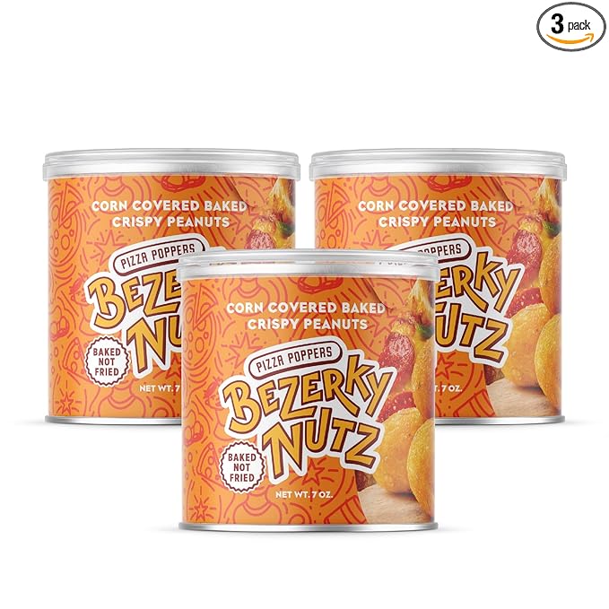 Bezerky Cracker Nuts | Pizza Popper | Corn Coated Peanuts | Crunchy Savory Snacking | Great for On the Go | Baked Peanut Balls | 7 oz (Pack of 3)