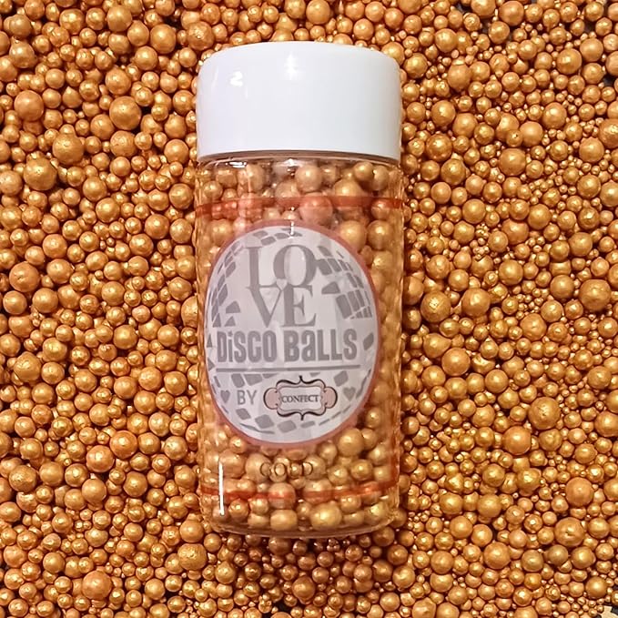 Confect Gold Edible Cake Sprinkles – Confect Love Metallic Disco Balls for Cake & Cupcake Decorating – Shiny Gold Sugar Pearls for Baking, Desserts, Cookies | Vegan, Gluten-Free, Nut-Free, Soy-Free, Dairy-Free, Palm Oil-Free– 4.2 Oz