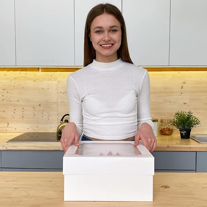 12x12x6 Bulk 20 Pcs Cake Boxes 12 Inch with Window Clear Bakery Dessert Box Square White Large Disposable Pie Boxes Package for Bake Goods Paper Pastry Packaging Delivery Box (80 Pcs Stickers)