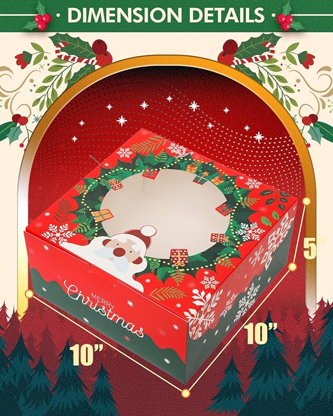 qiqee Christmas 10x10x5 Cake Box, 18 Sets Christmas Cake Box with Window & 18 Sets 10" Santa Cake Round Boards, 10inch Cake Containers