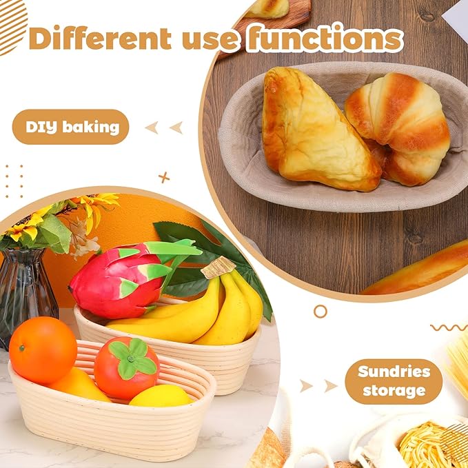 4 Pieces 10 Inch Bread Banneton Proofing Basket Oval Shape Bread Proofing Basket Rattan Oval Banneton Dough Proofing Bowls with Liners and Scatters for Home Sourdough Baking