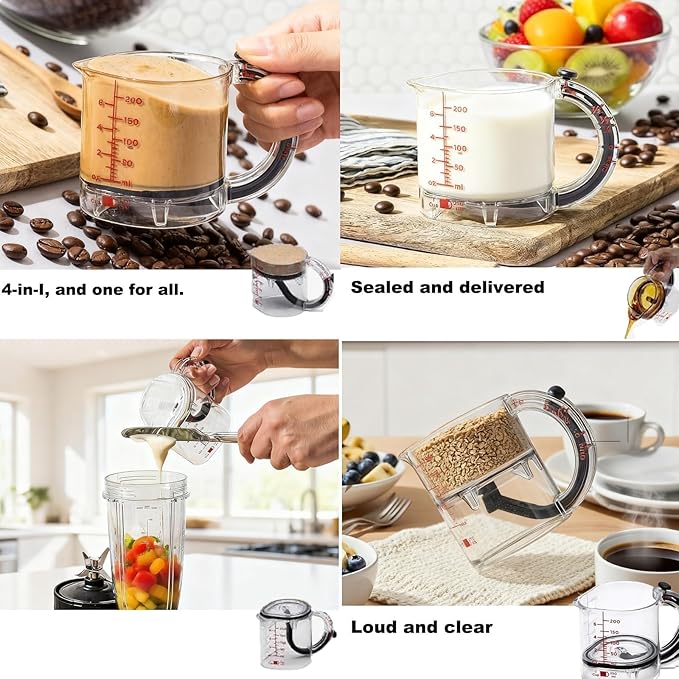 4-in-1 Adjustable Measuring Cup - Multi-Functional Up Cup with Adjustable & Scraper-Style Seal Base, Space-Saving for Cooking & Baking