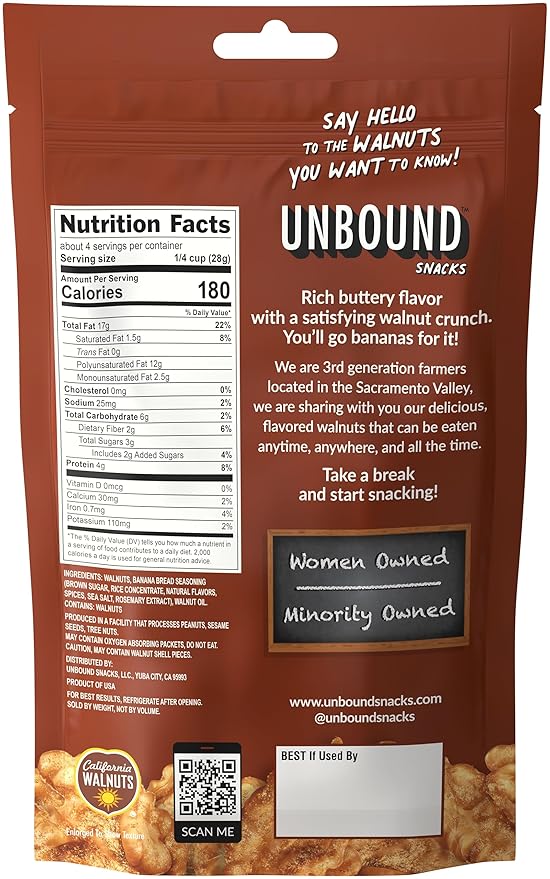 Unbound Snacks Flavored Nuts - Banana Bread Walnuts, 4 oz (Pack of 4) - Healthy Snacks, 4g Protein, 3g Sugar, High in Omega 3, Gluten Free, Vegan - Freshly Roasted & Seasoned Gourmet Walnut Halves
