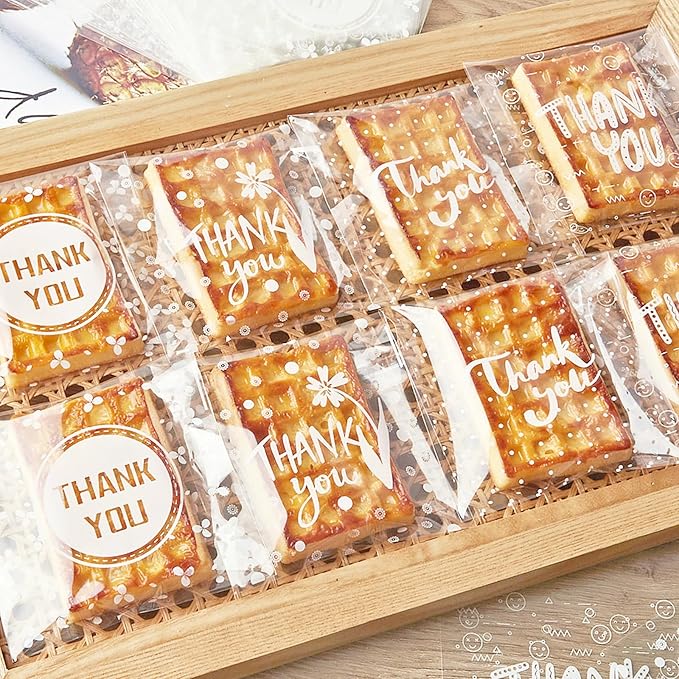 Jutieuo 300pcs Self Adhesive Thank You Cookie Bags, 4x4 Inch Small Clear Cellophane Bags Individual Treat Bags for Packaging, Party Favor, Bake Sale, Gift Giving