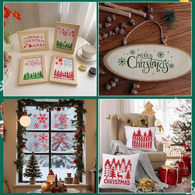 14 Pcs Large Christmas Stencils for Painting, Reusable Plastic Holiday Craft Templates, Christmas Window Stencils for Wood, Wall, Fabric & Doormat, DIY Snowflake Deer Forest Christmas Decorations