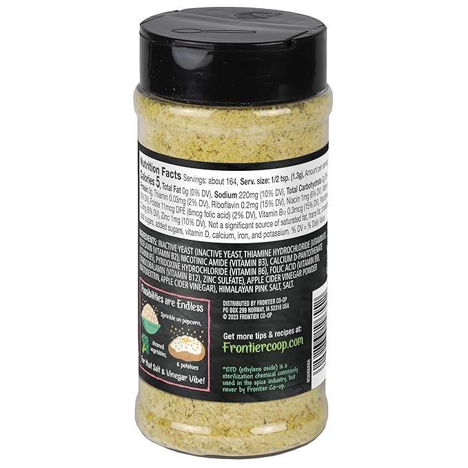 Frontier Co-op Himalayan Salt & Vinegar Nutritional Yeast Blend with Vitamin B12 7.51 oz - For Popcorn, Snacks, Pasta, and Soup