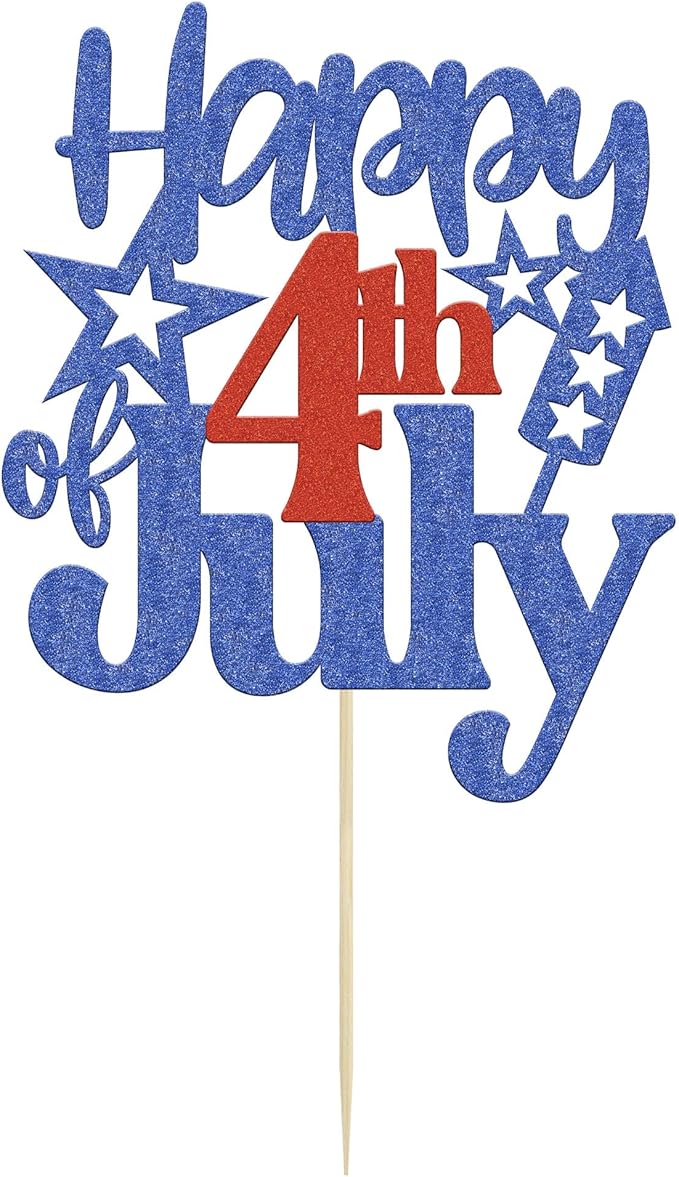 1 Pack Happy 4th of July Cake Topper Red and Blue Glitter Independence Day Cake Pick Decorations for American National Day Patriotic Party Supplies