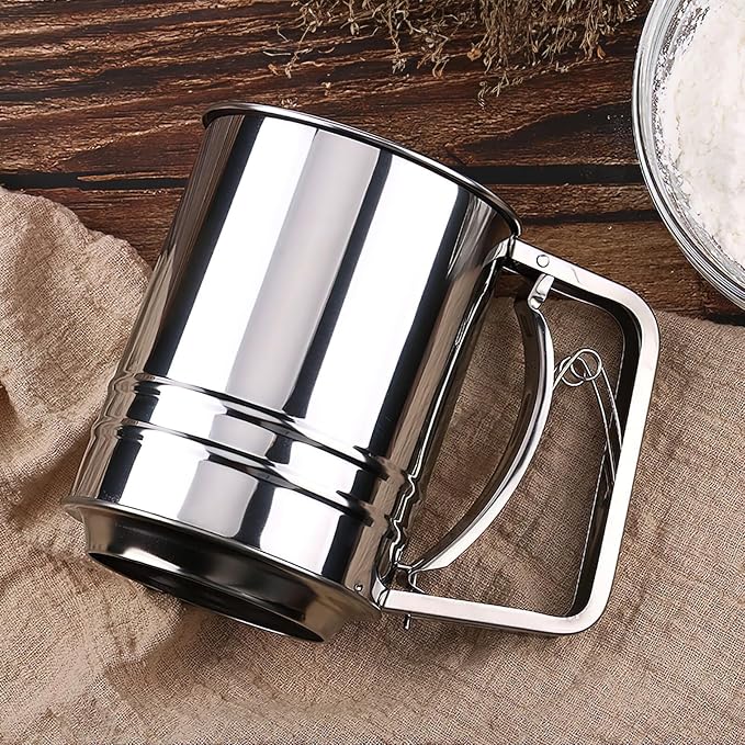 Flour Sifter for Baking, 304 Stainless Steel 3 Cup Flour Sieve Fine Mesh Screen Powder Sifters for Quick Sifting, Double-layer Squeeze Baking Sifters for Cooking Baking Kitchen Sugar Utensil DIY Tool