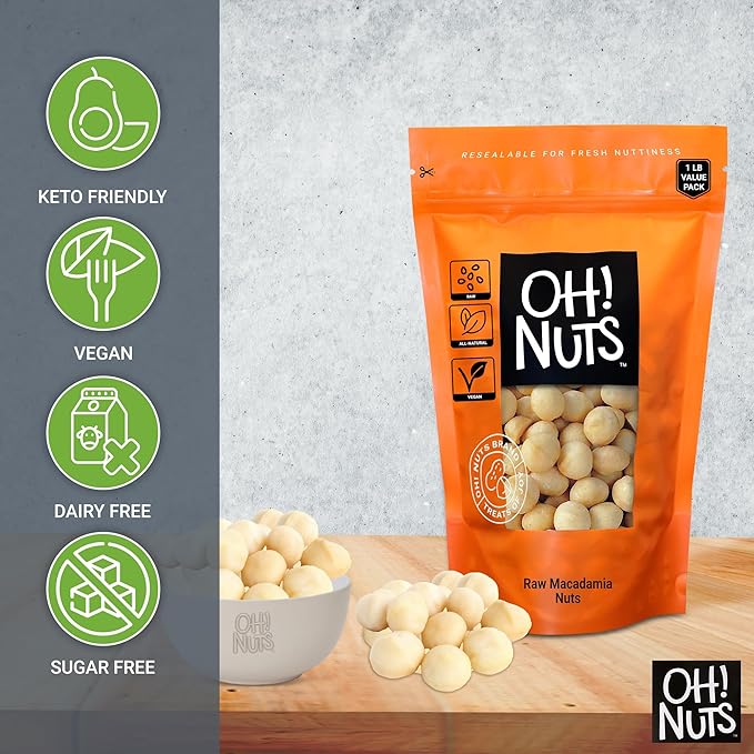 Oh! Nuts Raw Macadamia Nuts - Macadamia Nuts Unsalted - Jumbo Macadamia - 1 lb - 100% Natural Snack